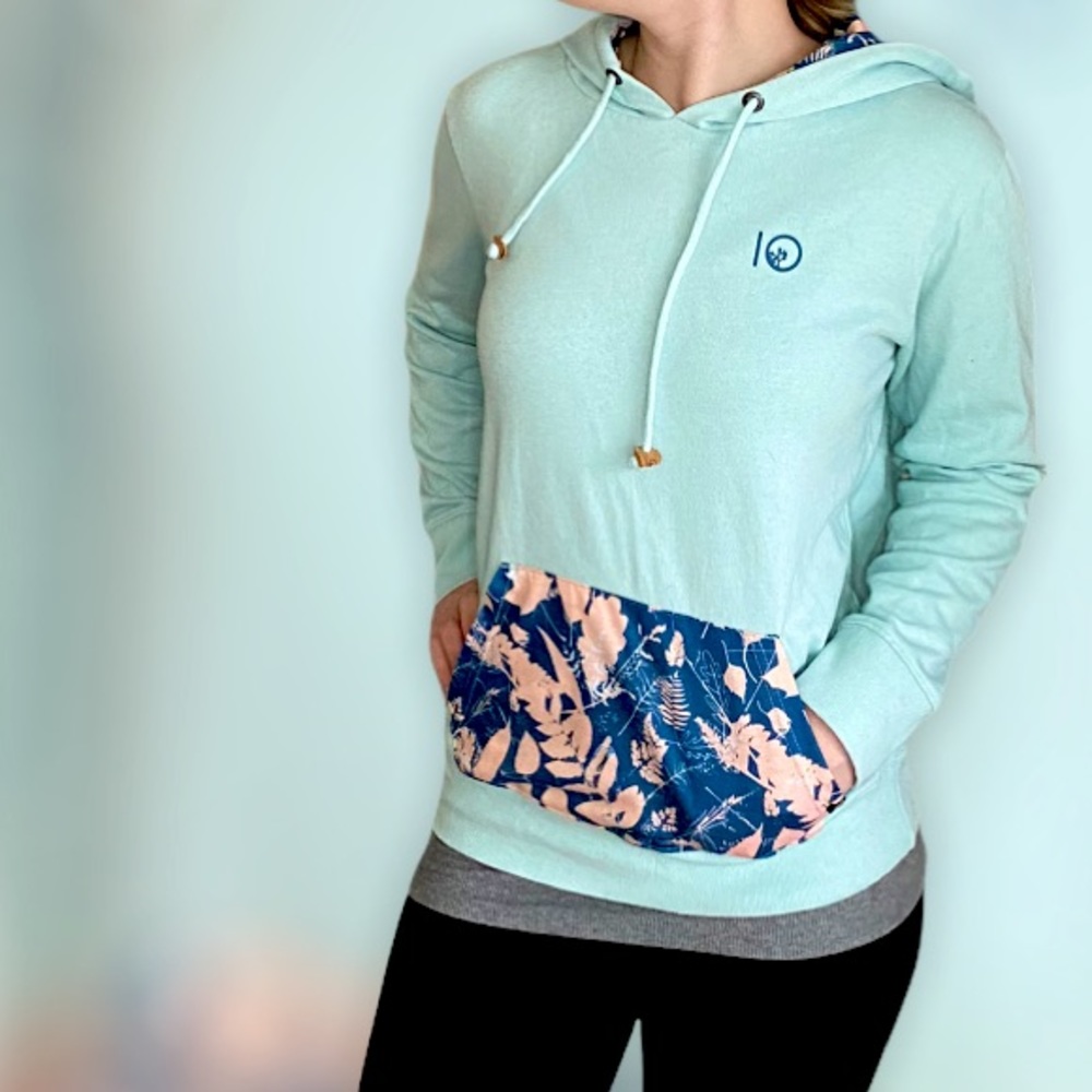 tentree Mint Green Hoodie with Navy & Peach Floral Pocket